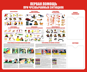 С19 Стенд первая помощь (при чрезвычайных ситуациях) (1200х1000 мм, карманы, пластик ПВХ 3 мм, алюминиевый багет золотого цвета) - Стенды - Стенды по первой медицинской помощи - ohrana.inoy.org